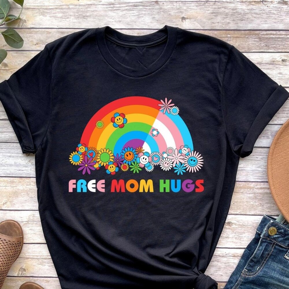 Free Mom Hugs T-Shirt, Proud Mom Apparel, Rainbow Gay Pride T-Shirt